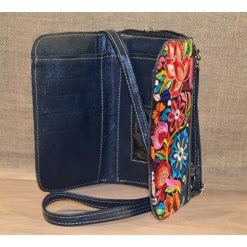 Portfel torebka skórzana granatowa z kwiatowym kolorowym haftem